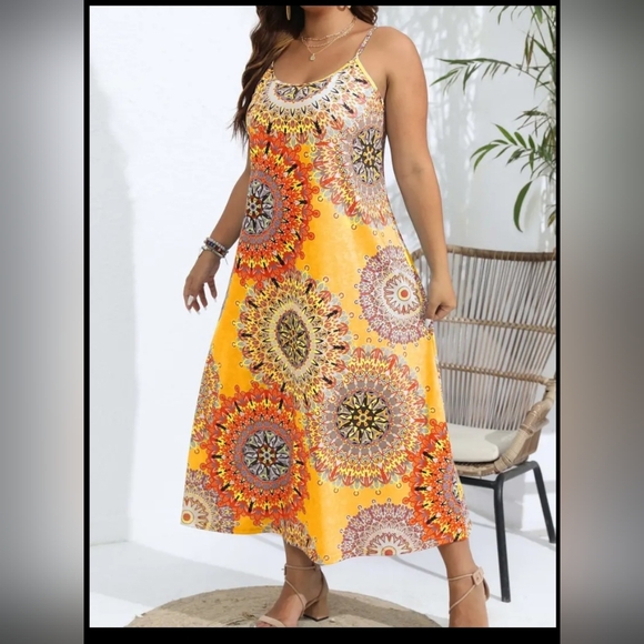 Flowy Plus Size Maxi Dress with Mandala Design - Picture 2 of 5